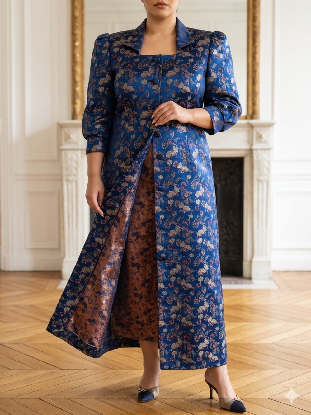 VTG Parisian Estate Custom Blue Metallic Brocade Maxi Dress Coat Puff 1980s